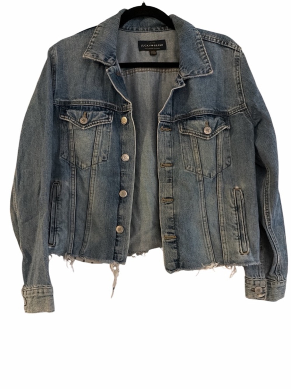 Lucky Brand Cropped Denim Jacket - Fringed Hem - Soft & Stretchy - Size Large